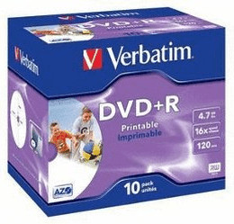 Verbatim DVD+R 4,7GB 120min 16x Wide Inkjet Printable ID Brand printable 10pk Jewel Case
