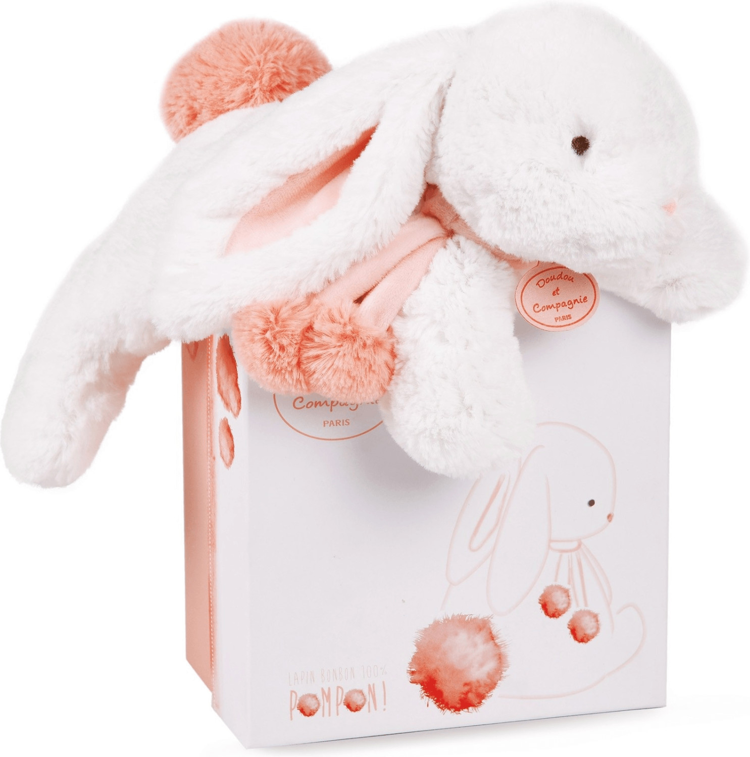 Doudou et Compagnie Lapin Pompon corail 35 cm
