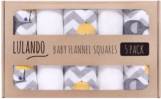 Lulando Baby Flannel Squares 5 Pack (70x80cm) - Elephants Yellow