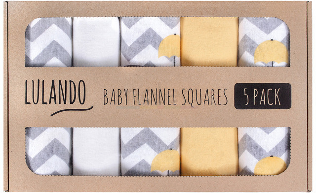 Lulando Baby Flannel Squares 5 Pack (70x80cm) Elephants Yellow White