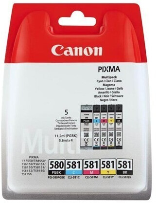 Canon PGI-580 CLI-581 (C M Y BK PGBK) Pack de 5 cartouches Cyan, Magenta,  Jaune, Noir Photo, Noir Bureautique (Multipack plastique)