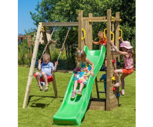Alpholz Kinderspielturm FUNNY3 mit Doppelschaukel und Rutsche blau Holz 