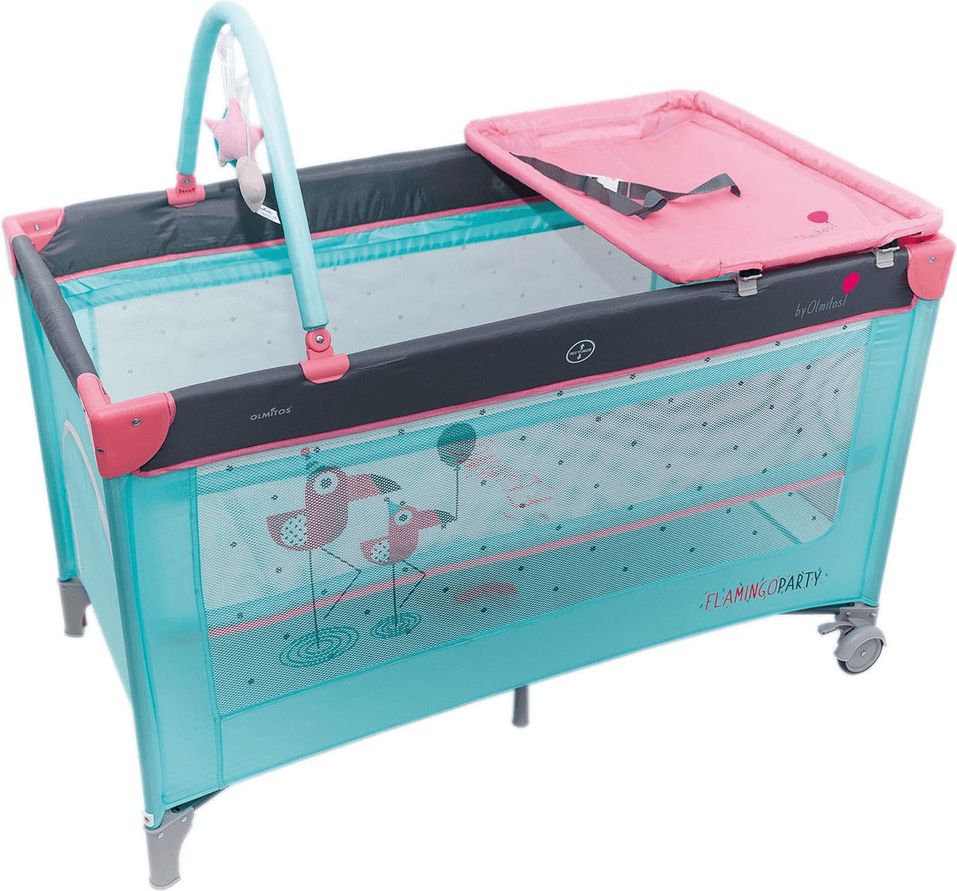 Olmitos Travel Cot + Changing Mat + Toy Bar Flamingo