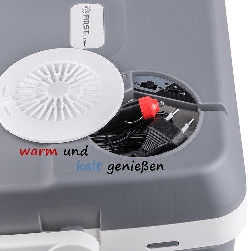 TZS First Austria elektrische Kühlbox 45 Liter | 12 & 230 Volt Anschluss  Stecker fürs Auto | mobiler Minikühlschrank mit Rollen | für Camping
