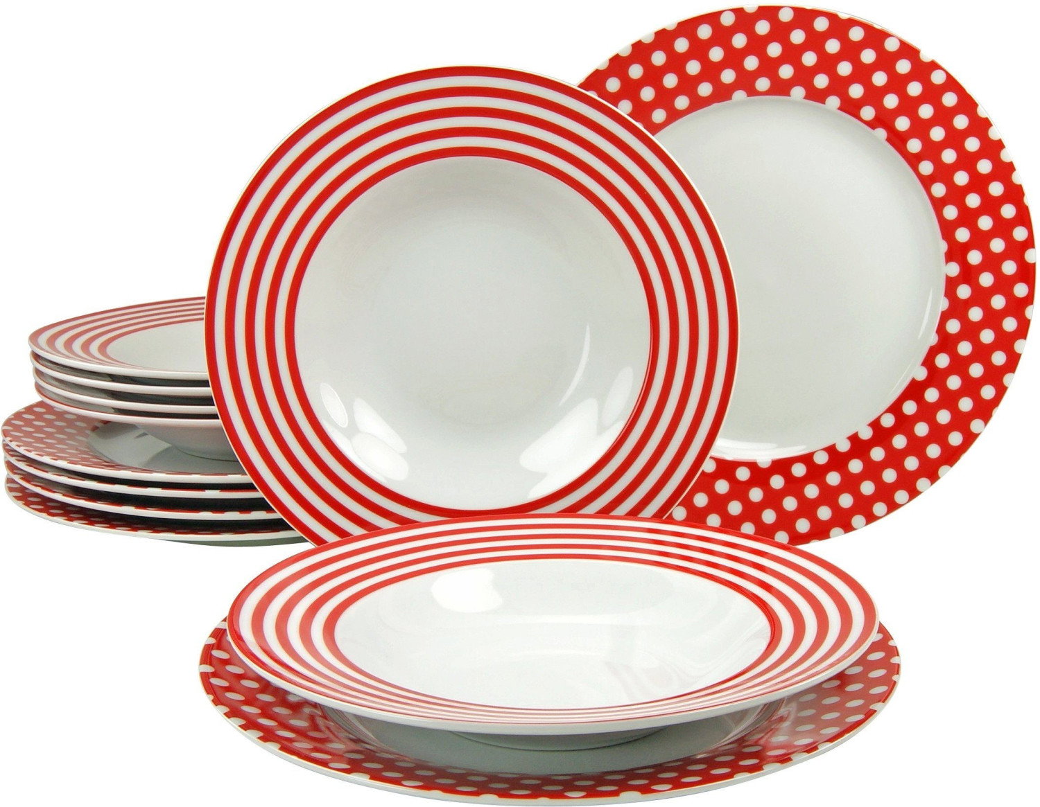 CreaTable Dinner service porcelain, 12 parts, dots white / red