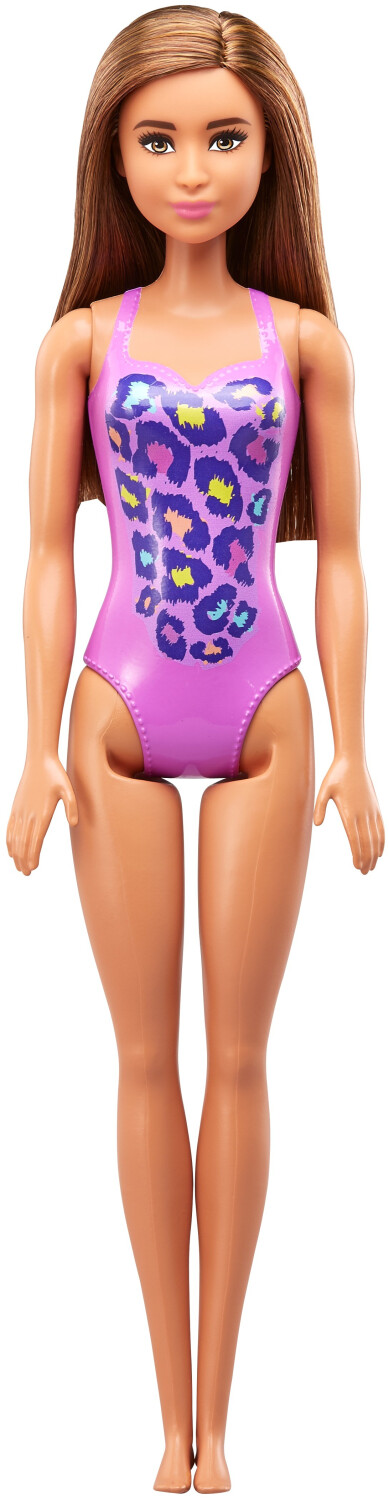 Barbie– Poupée Plage – Cheveux brun foncé, maillot violet tropical Âges 3+  