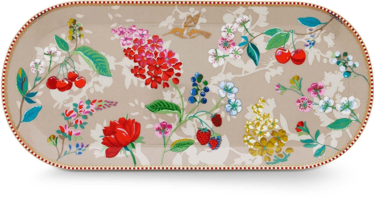 PiP Studio Floral Hummingbirds khaki cake plate 33.3 x 15.5 (green)