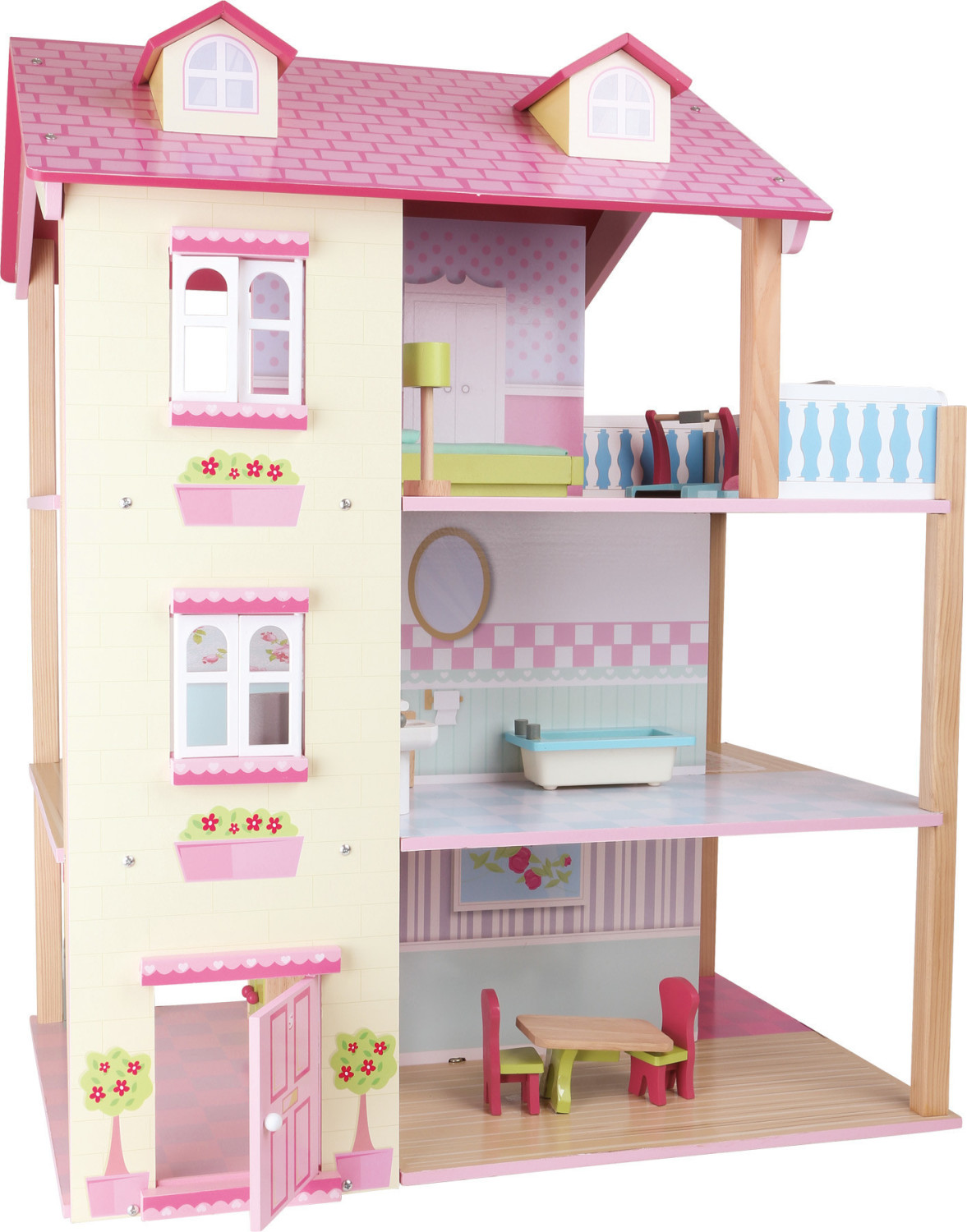 Small Foot Design Maison de poupée toit rose 3 étages tournante