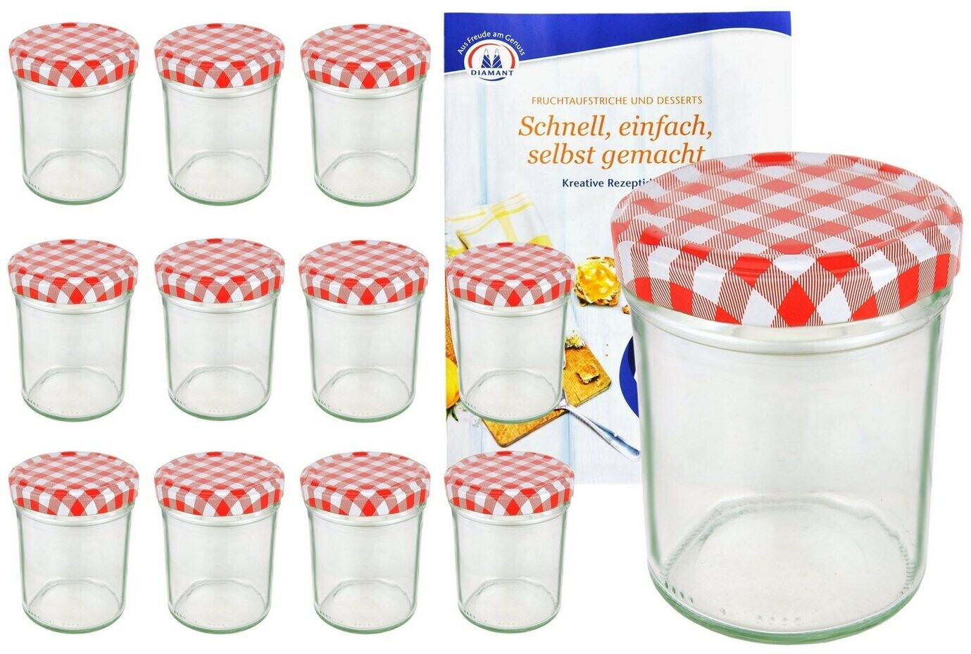 MamboCat Lot de 12 bocaux 230 ml couvercle à carreaux rouges