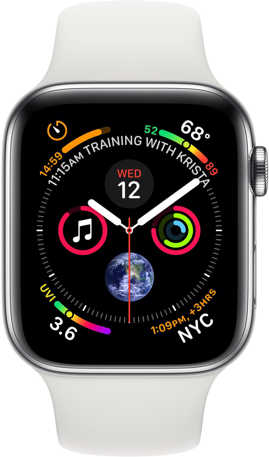 Apple Watch Series 4 GPS + Cellular 44 mm acier inoxydable argent bracelet sport blanc