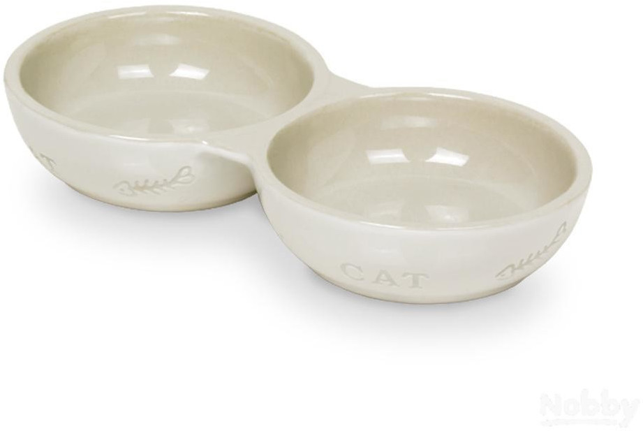 Nobby Ceramic Double Bowl CAT White Beige