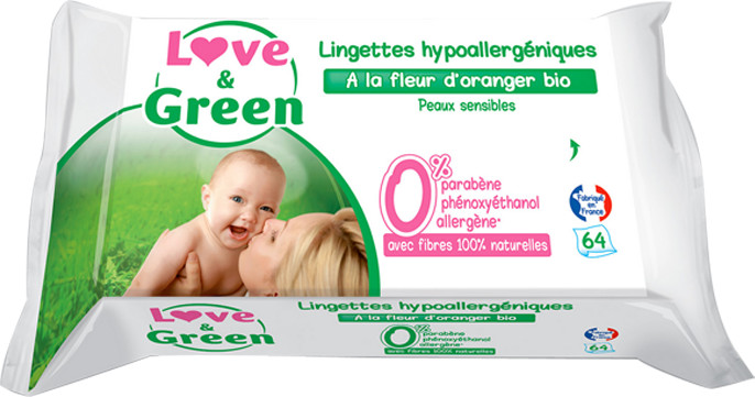 Love & Green Lingettes hypoallergéniques à la fleur d'oranger bio (x 64)