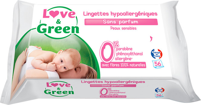 Love & Green Lingettes hypoallergéniques sans parfum (x 56) au
