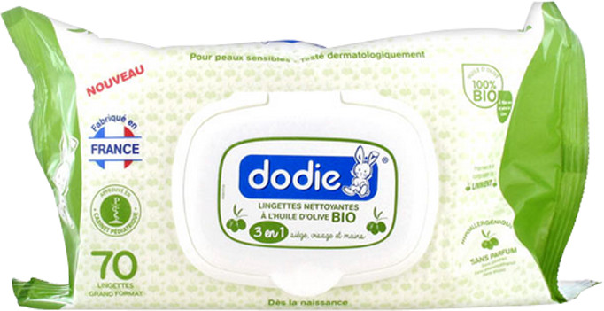 Dodie Lingettes nettoyantes 3 en 1 à l'huile d'olive bio (x 70)