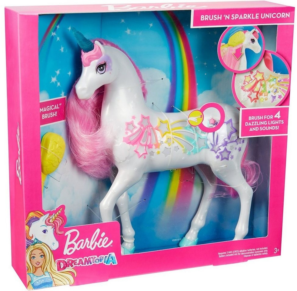 Barbie Dreamtopia Licorne Arc-en-ciel sons et lumières avec crinière et  queue rose, fournie avec une brosse, jouet pour enfant, GFH60