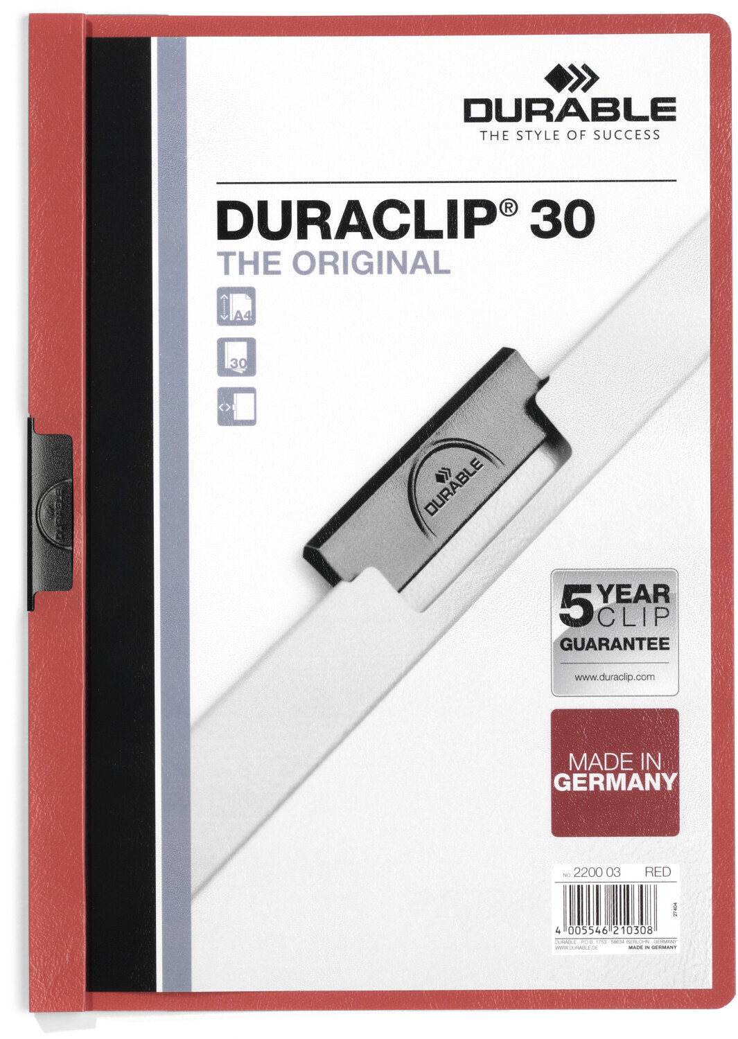 DURABLE DURACLIP Original 30 A4 (220003) Red (Pack of 1)
