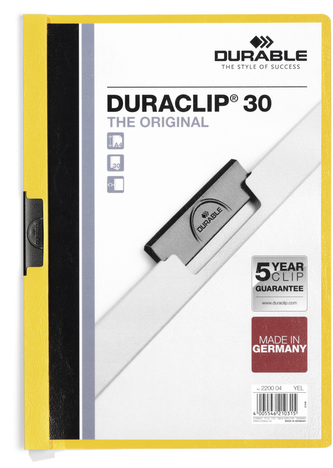 DURABLE DURACLIP Original 30 A4 (220004) Yellow (Pack of 25)