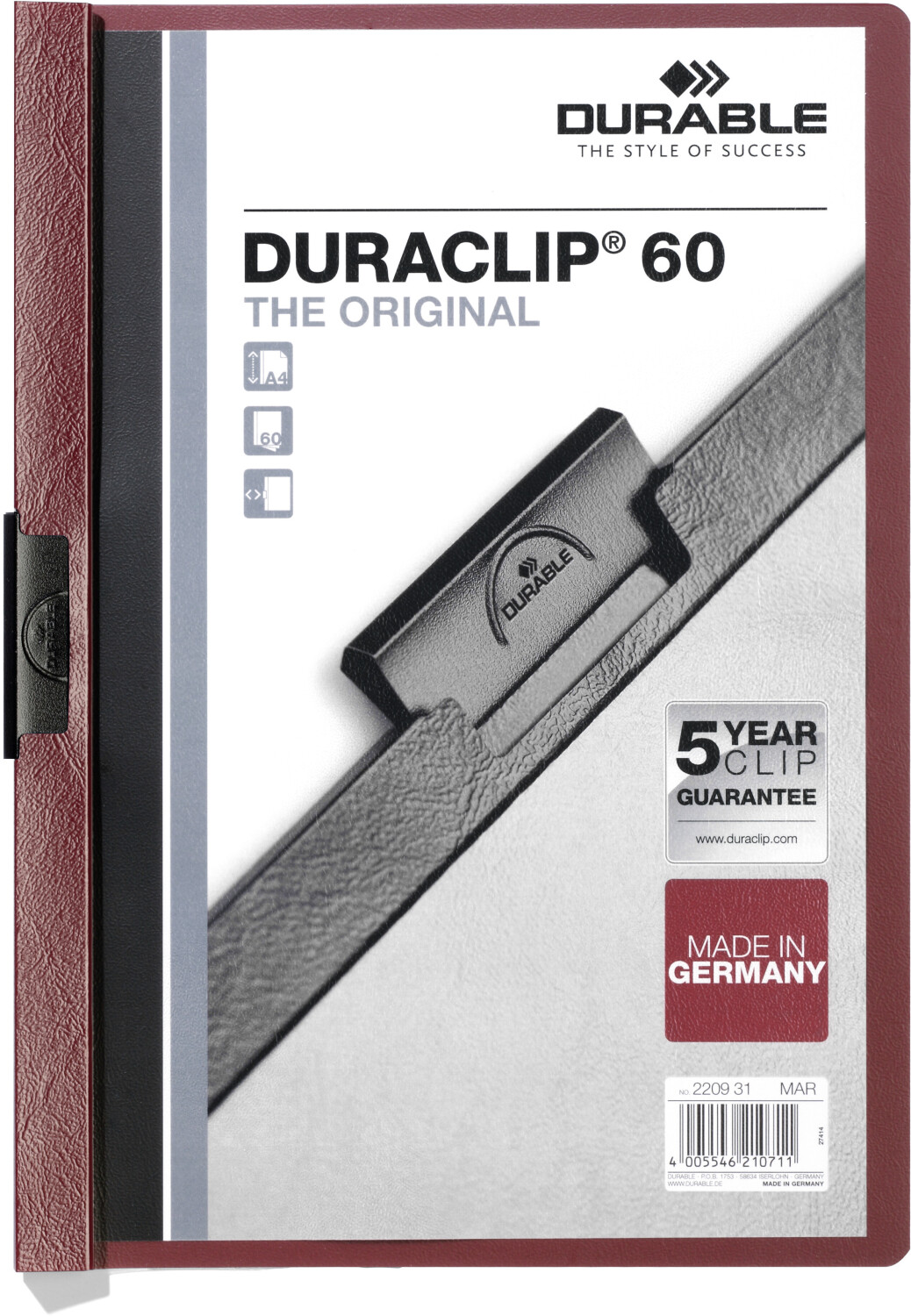 DURABLE DURACLIP Original 60 A4 (220931) Dark Red (Pack of 25)