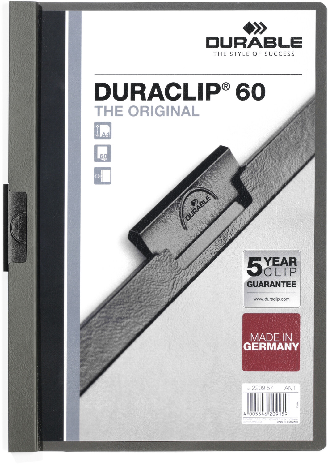 DURABLE DURACLIP Original 60 A4 (220957) Anthracite Grey (Pack of 25)