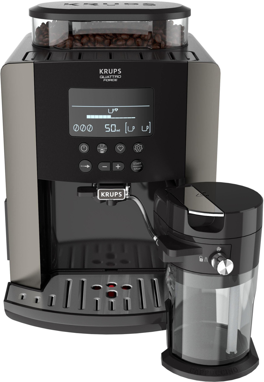 Cafetera superautomática  Krups EA819E Arabica Latte, 2 Tazas, 3  Temperaturas, Depósito Extraíble, Pantalla LCD, Negra