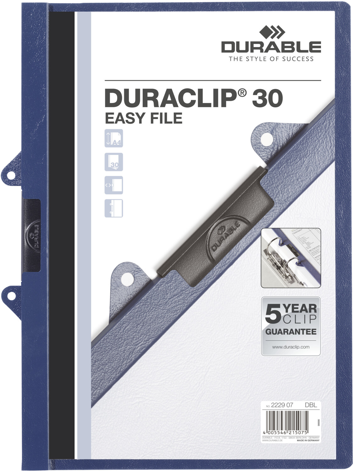 DURABLE DURACLIP 30 Easy File A4 (222907) Dark Blue (Pack of 25)