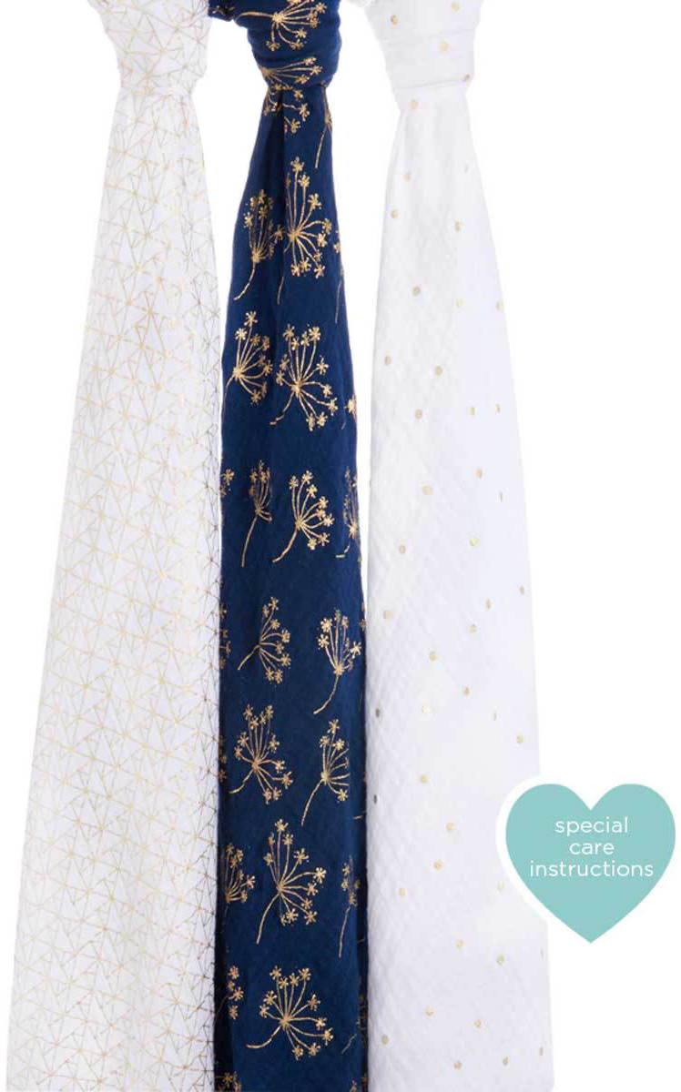 Aden + Anais Lot de 3 langes en mousseline 120 x 120 cm Metallic Gold Deco