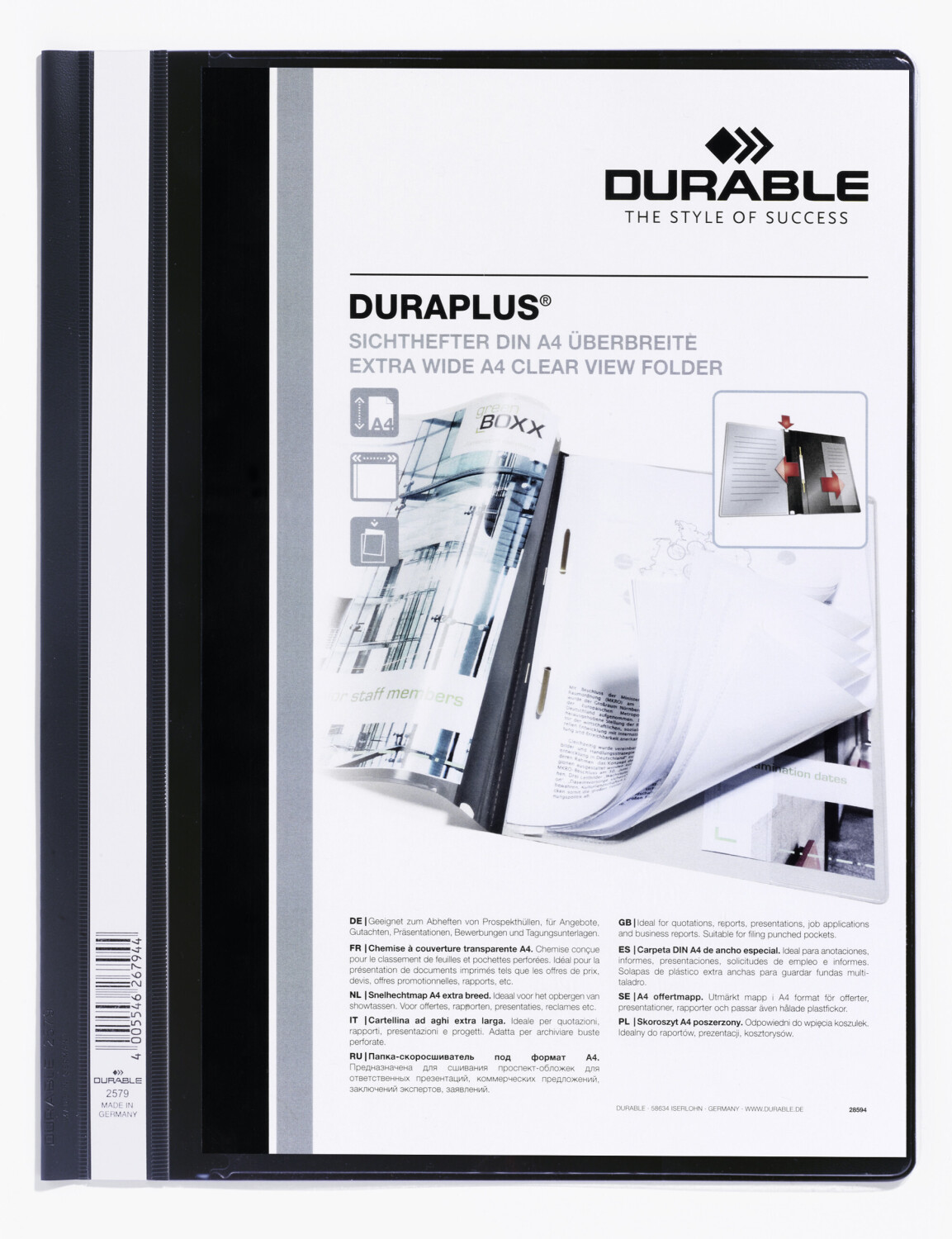 DURABLE 257901 Presentation Folder DURAPLUS® with clear inside pocket for A4, Pack of 25, Black