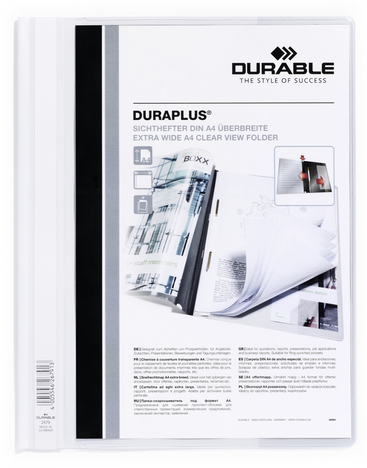 DURABLE 257902 Presentation Folder DURAPLUS® with clear inside pocket for A4, Pack of 25, White