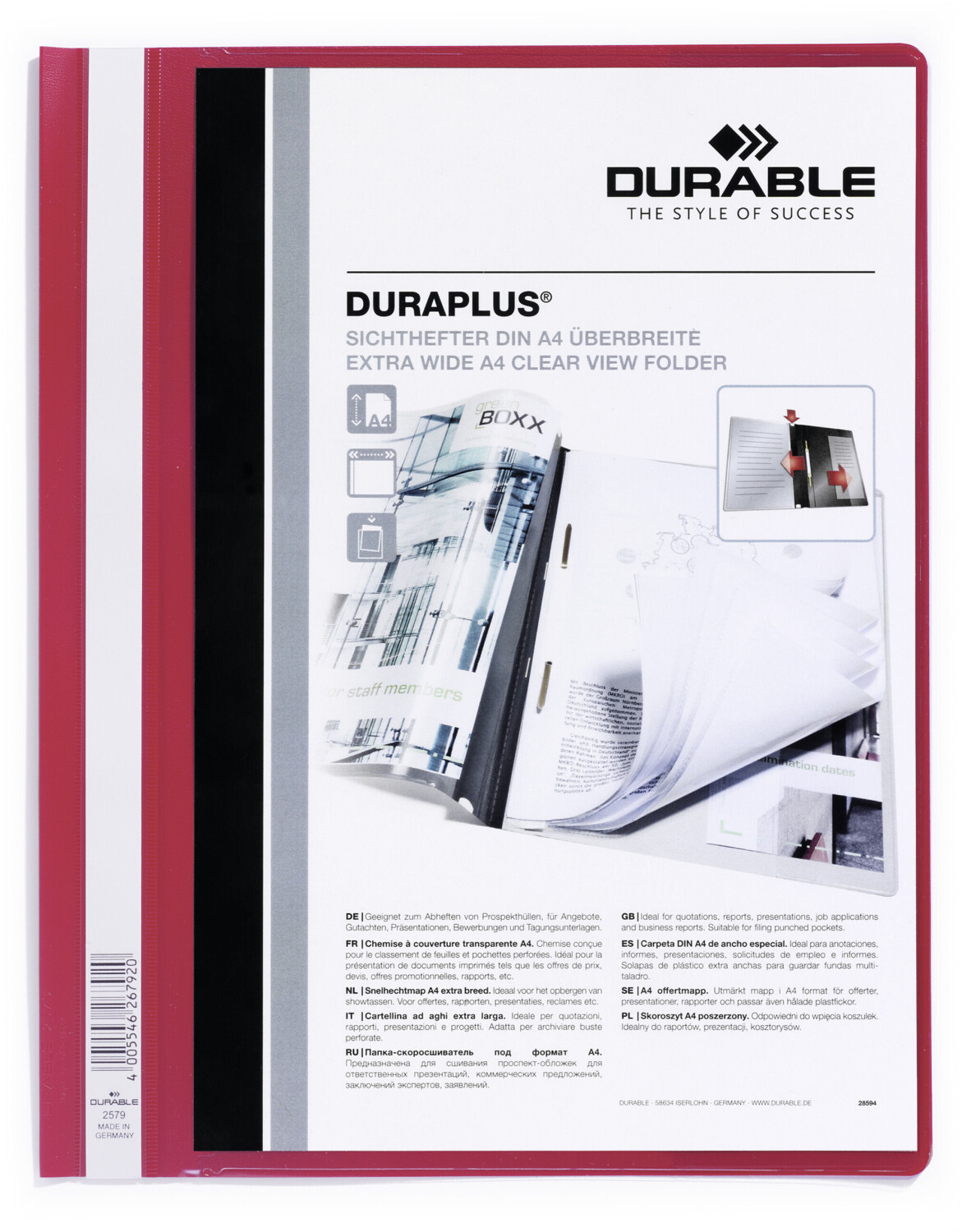 DURABLE 257903 Presentation Folder DURAPLUS® with clear inside pocket for A4, Pack of 25, Red