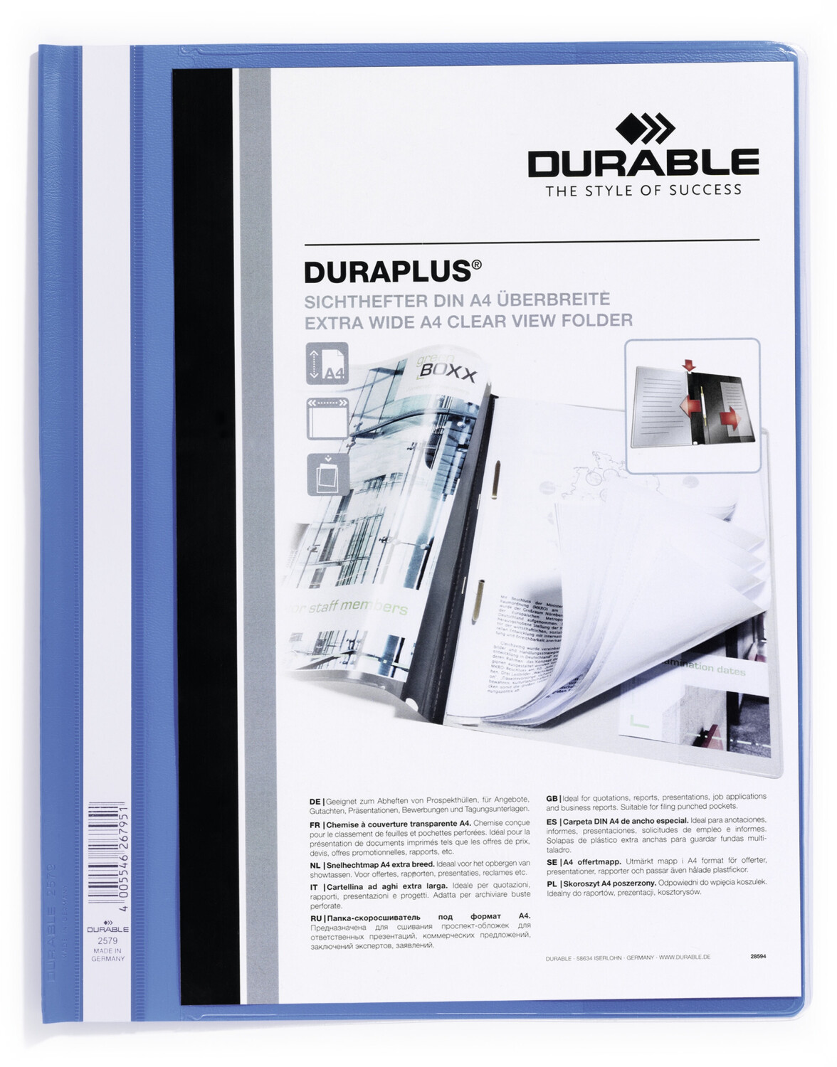 DURABLE 257906 Presentation Folder DURAPLUS® with clear inside pocket for A4, Pack of 25, Blue