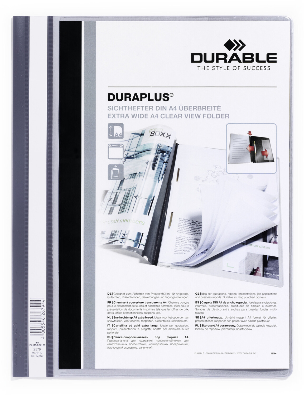 DURABLE 257910 Presentation Folder DURAPLUS® with clear inside pocket for A4, Pack of 25, Grey
