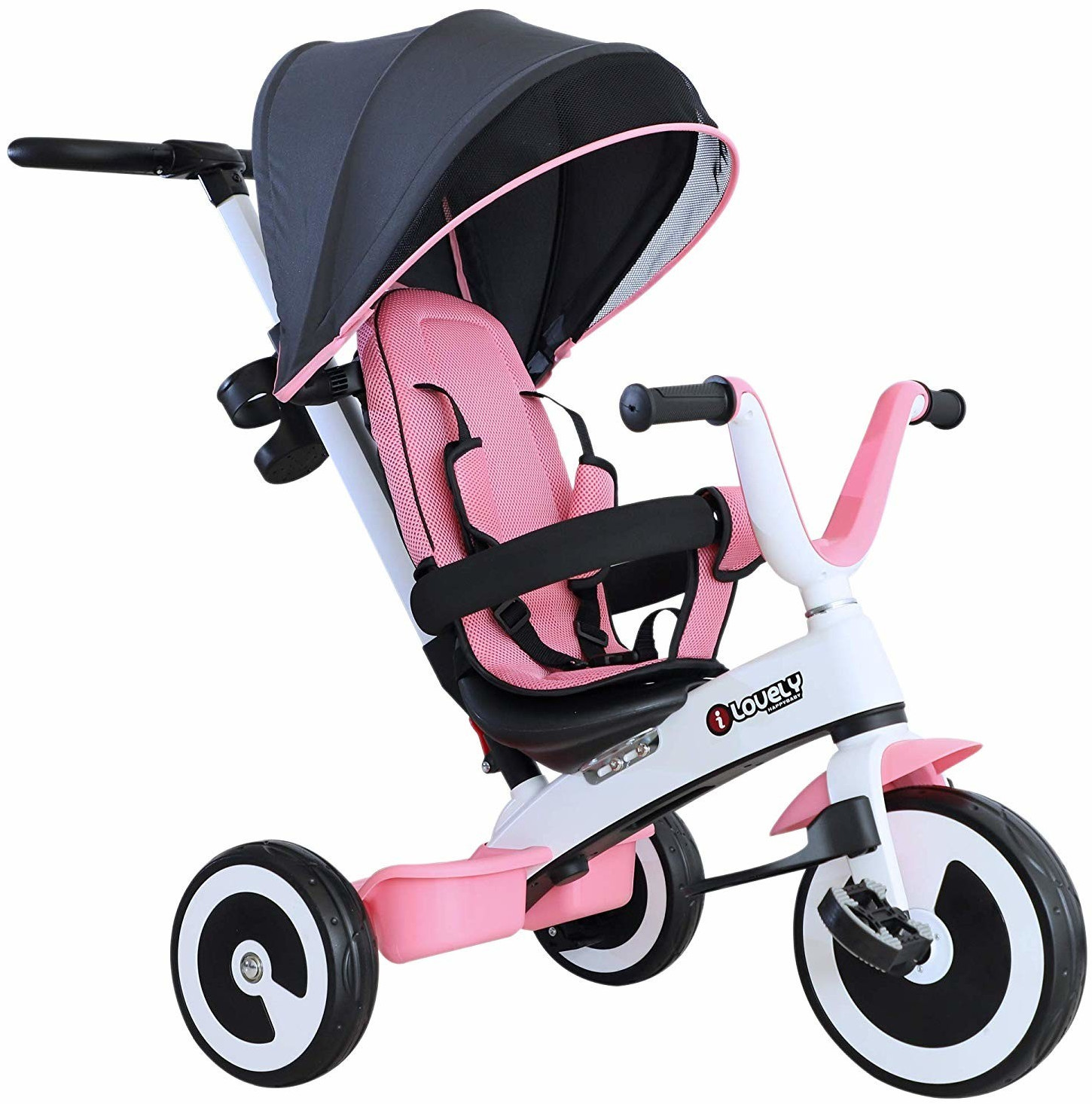 HomCom Tricycle enfant évolutif pare-soleil pliable canne télescopique amovible rose (370-062PK)