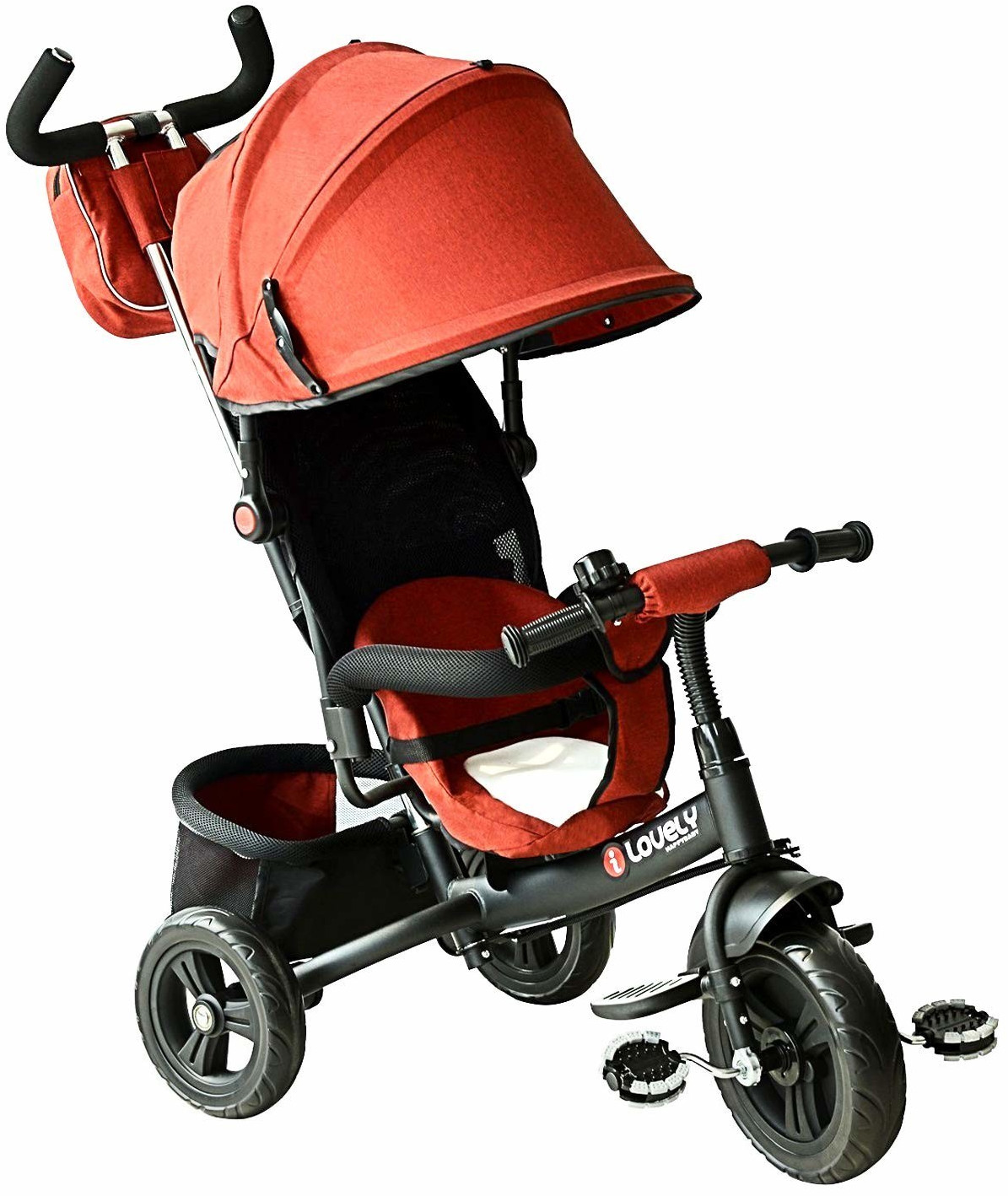 HomCom Tricycle évolutif avec pare-soleil pliable et canne de direction rouge (370-027RD)