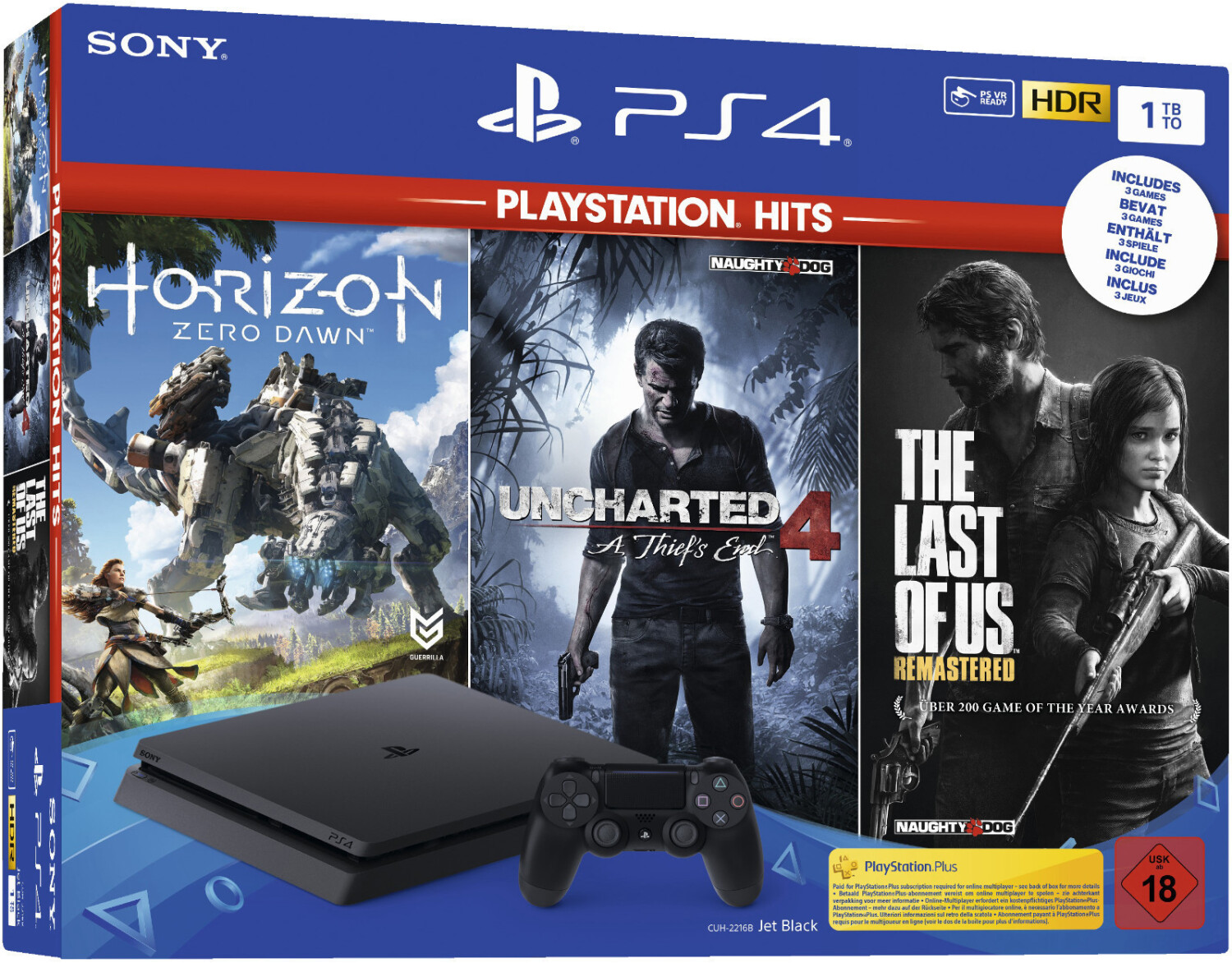 Sony PlayStation 4 (PS4) Slim 1TB + Horizon: Zero Dawn - Complete Edition + Uncharted 4: A Thief's End + The Last of Us: Remastered