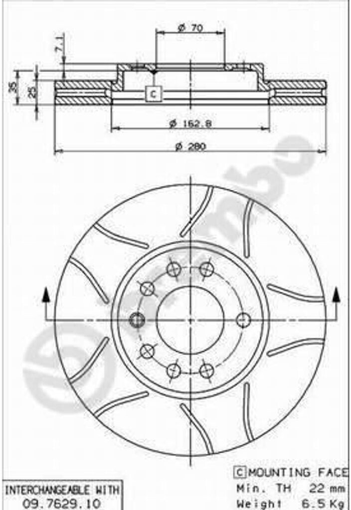 Remschijf 09.7629.11 Brembo voor o.a. CHEVROLET, OPEL