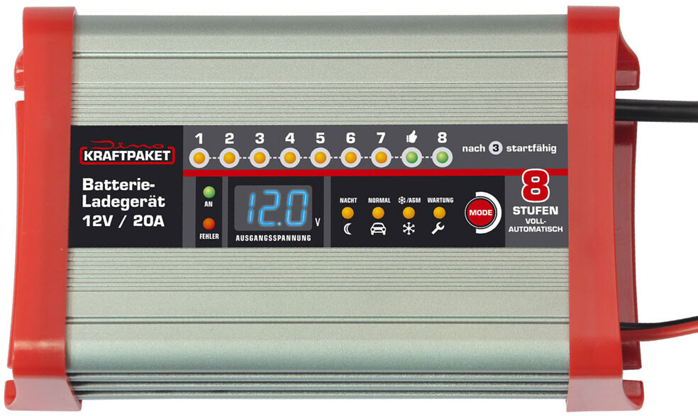 Dino KRAFTPAKET LifePo4-Lader 12.8V-20A Autobatterie-Ladegerät  (Ladeüberwachung, Ladungserhaltung, verschiedene Ladeprogramme)