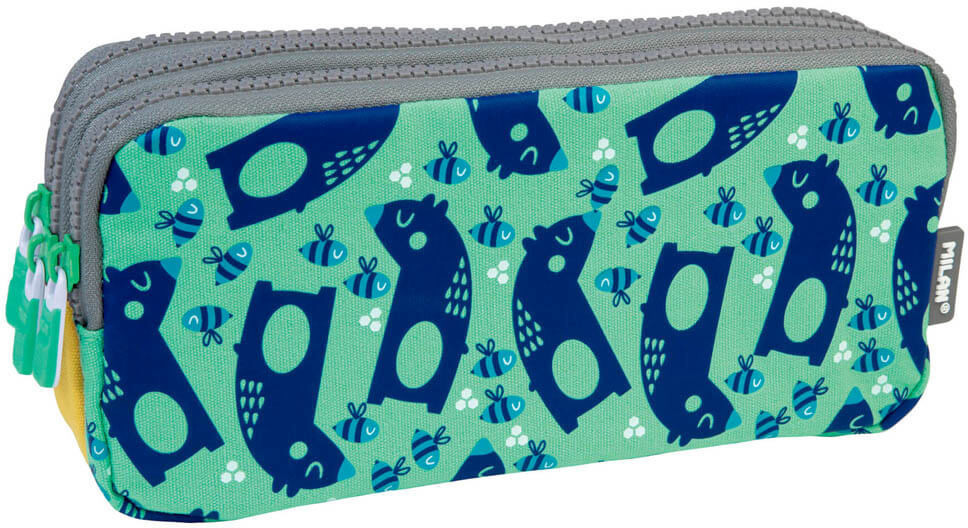MILAN 3-Zip Pencil Case Net & Lit Green