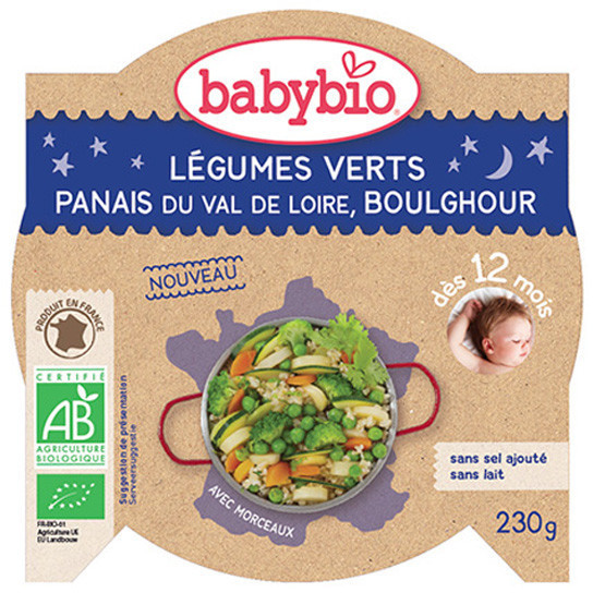 Babybio Menus du soir - Poêlée de légumes verts panais du Val de Loire boulghour +12 mois (230 g)