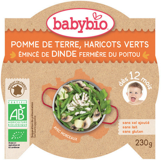 Babybio Menus - Pomme de terre, haricots verts & émincé de dinde fermière du Poitou (230 g)