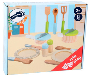Geschirr- und Topfset Kinderküche Besteck Teller 15 Teile Töpfe aus Holz 