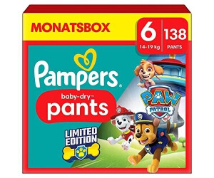 Pampers Baby-Dry Nappy Pants Paw Patrol Edition Size 6, 138 Nappies,  14kg-19kg, Monthly Pack, With A Stop & Protect Pocket To Help Prevent Leaks  At The Back : : Baby Products