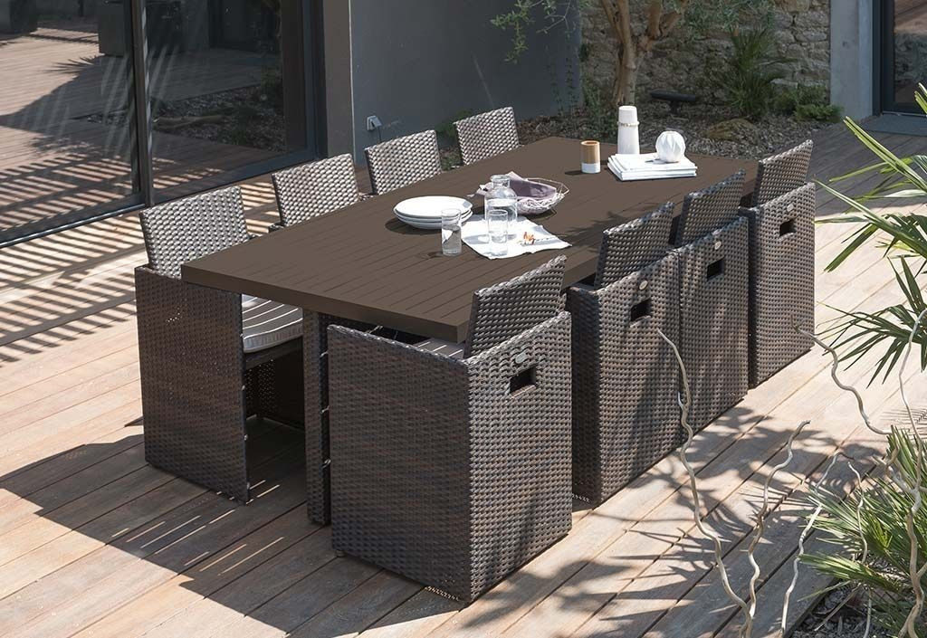 DCB Garden Salon de jardin encastrable 8 places résine tressée/plateau aluminium chocolat
