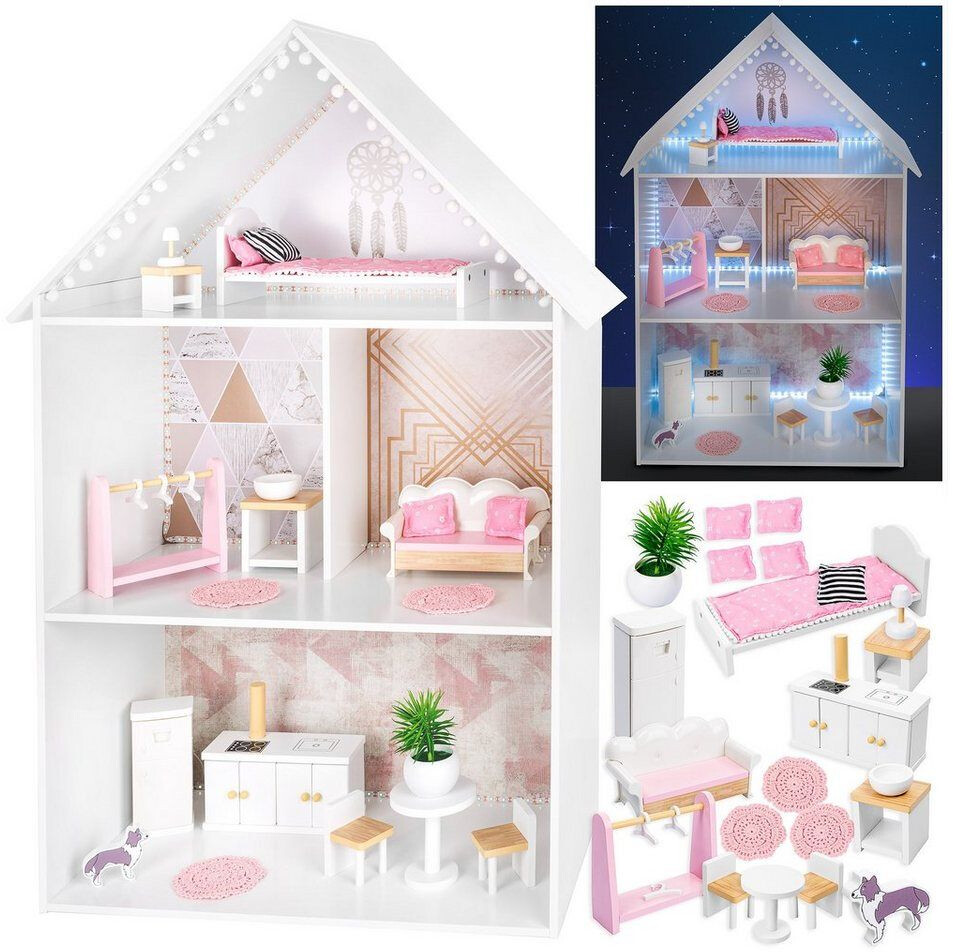 Puppenhaus LED Beleuchtung A92 Großes XXL Kinder Puppen Spiel Haus Set aus  Holz