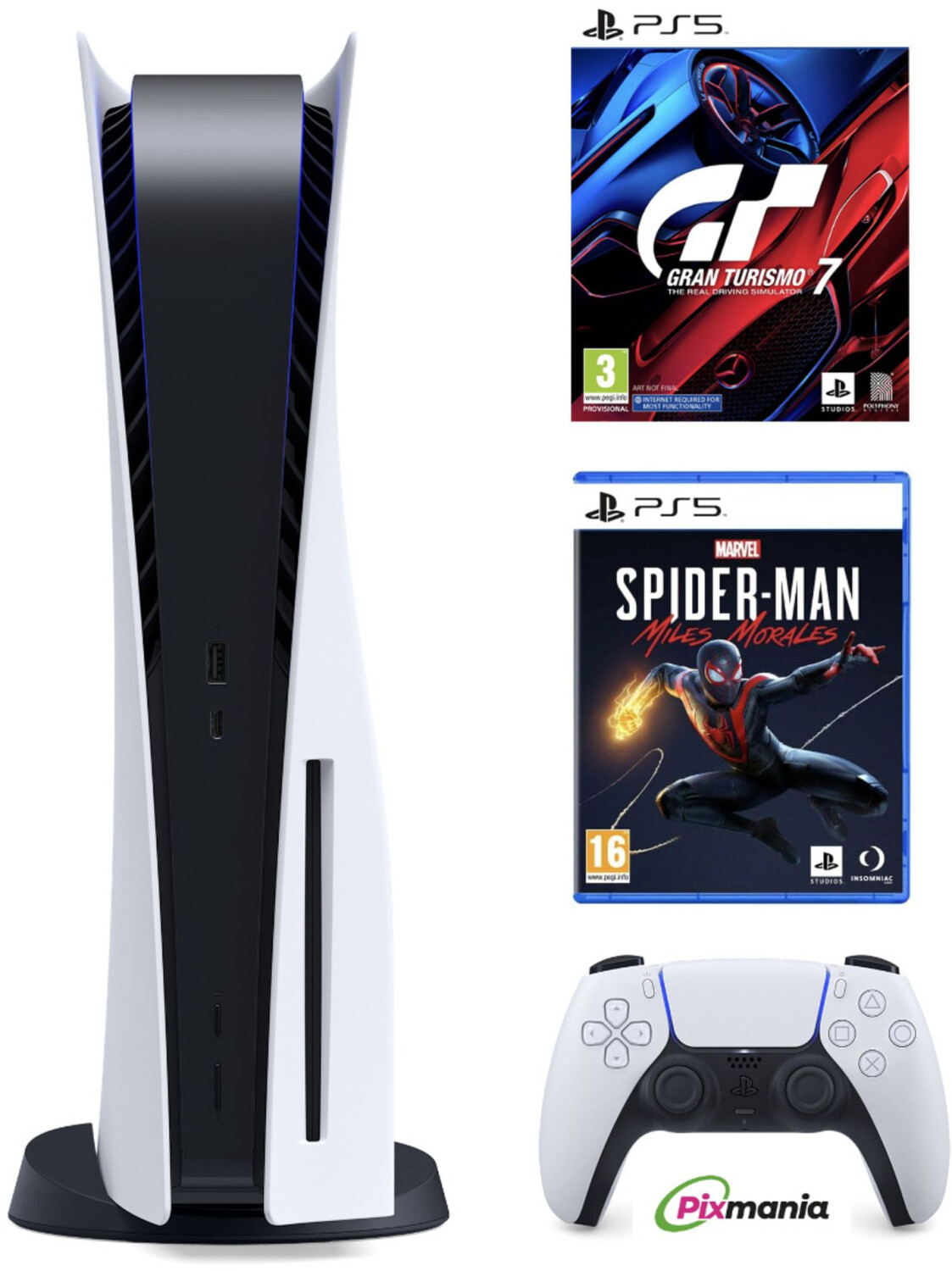 Sony PlayStation 5 (PS5) + DualSense + Gran Turismo 7 + Spiderman