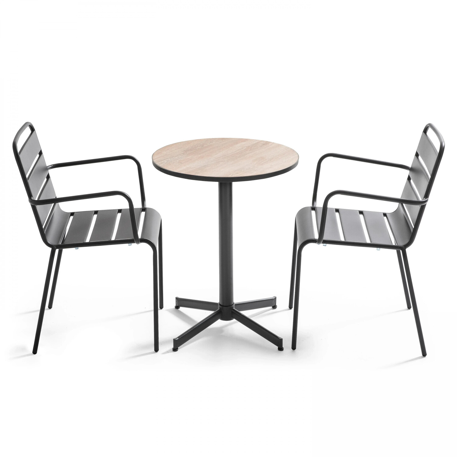 Oviala Ensemble table ronde et 2 chaises métal avec accoudoirs