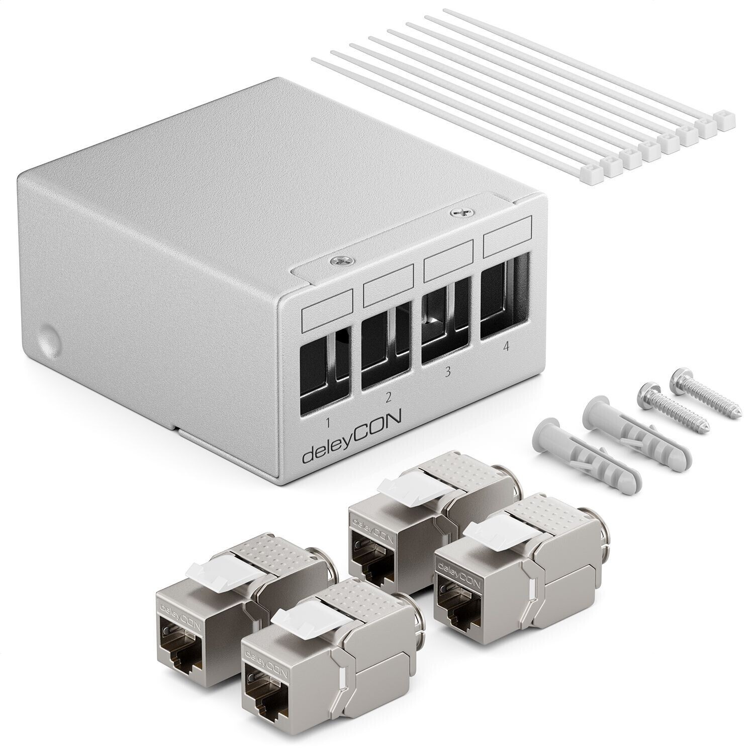 deleyCON 4 Port Patch Panel Set Patch Field Distribution Panel 1HE + 4x RJ45 Keystone Jack Modules STP CAT6a