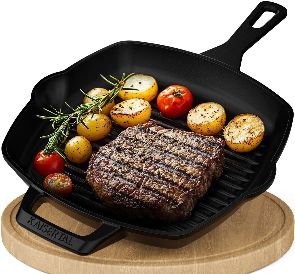 JUSTUP Gusseisen Grillpfanne 24 Cm – Antihaftbeschichtet Mit Umlenkanschluss Für Steak, Burger & Speck
