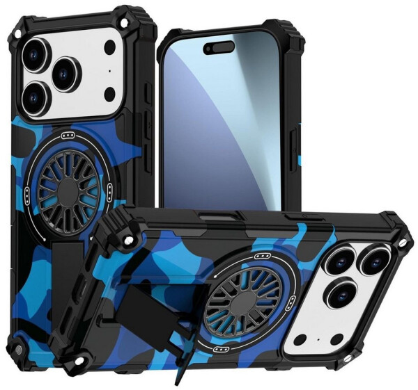 Wigento Für Apple iPhone 17 Pro Camouflage MagSafe 360 Ring Hybrid Kickstand Hülle Blau
