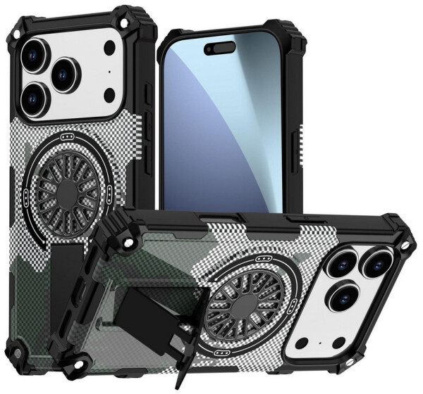 Wigento Handyhülle Für Apple iPhone 17 Pro Camouflage MagSafe Ring Kickstand Hülle Grau, Camouflage MagSafe Hülle mit 360 Grad Kickstand