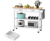 Mobile Kücheninsel Mit Rollen 120x50x92cm - Weißer Küchenwagen Mit Schubladen, Mülleimer & Verstellbaren Böden